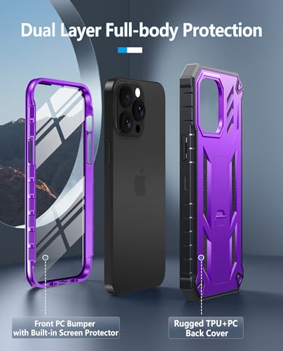 FNTCASE for iPhone 14 Pro Max Case, Built-in Screen Protector, Kickstand | 20FT Military-Grade Drop Protection, Anti-Slip Matte Textured, Rugged Heavy Duty Shockproof TPU Protective Cover - color: Kickstand Purple