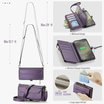 for Samsung Galaxy S23 FE Wallet Case with Card Holder, Purple | RFID Blocking Slots, Crossbody Lanyard, Wrist Strap, Zipper Pocket Purse Handbag, Magnetic Closure - color: Purple, size: Galxay S23 FE