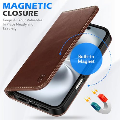 SHIELDON Genuine Leather Flip Wallet Case for iPhone 16 6.1", Retro Coffee | RFID Blocking, Credit Card Holder, Magnetic Closure, Kickstand, Folio Design, Soft Shock-Absorbent Phone Cover - color: Retro Coffee