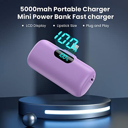 [2-Pack] Mini Portable Charger 5000mAh Power Bank,3A PD USB C Cell Phone Portable Power, LCD Display Battery Pack Compatible with iPhone 17/17 Air/16/16 pro/15/15 pro Max/Android/Samsung/Moto/LG etc - color: Light Purple+Pink