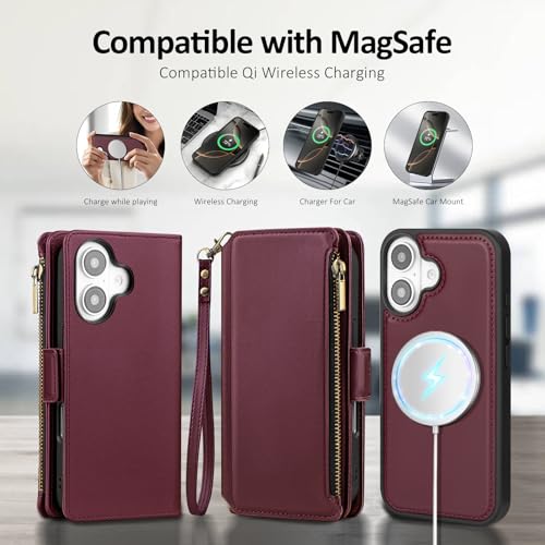 Antsturdy Compatible with MagSafe iPhone 17 Wallet Case,Wine Red | Detachable Magnetic Credit Card Holder,RFID Blocking,PU Leather Zipper Purse,Wrist Strap Kickstand,Flip Phone Cover for Women - color: (Detachable with Magsafe)-Wine Red