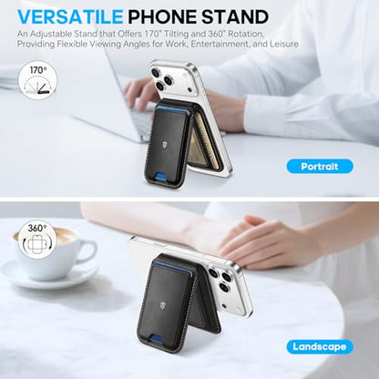 SHIELDON Genuine Leather Magnetic Wallet Stand for MagSafe, Retro Black | Strong Magnetic, Card Holder, Kickstand, Angle Adjustment, Rfid Blocking, for iPhone 17/16/15/14/13/12 Series & Magnet Case - color: Retro Black