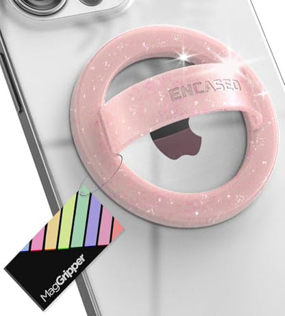 Encased Magnetic Phone Grip Holder (Compatible with MagSafe) Thin Silicone Finger Loop Ring for iPhone (Pink Glitter) - color: Pink