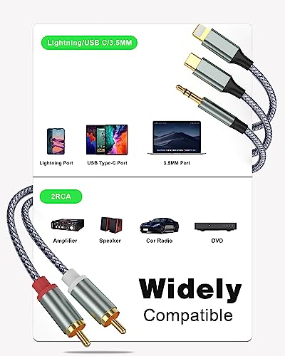 Lightning to RCA Cable Audio Aux Adapter（3.3M）,RCA to 3.5mm Cable，USB C to 2 RCA Audio Cable， (3 in 1 audio cable) for Power Amplifier, Car, Home Theater, Speaker and More(Lightning Compatible)