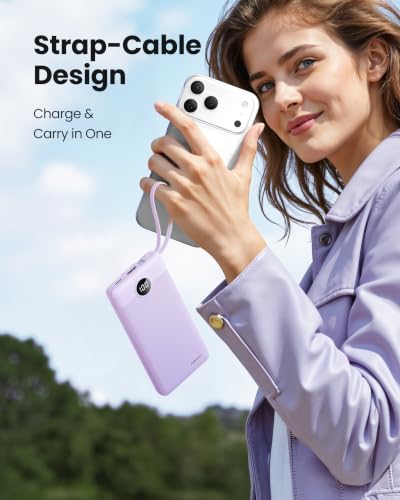 Portable Charger with Built-in Cable, 10000mAh Slim USB C Power Bank, External Battery Pack 5 Outputs 2 Inputs LED Display Compatible with iPhone/Android & More (Lavender) - color: Lavender