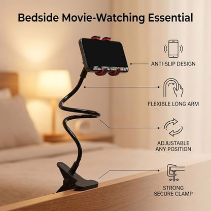 Zopsc Gooseneck Phone Holder for Bed, Flexible Long Arm Cell Phone Stand with Clamp, 360 Adjustable Overhead Mount for Headboard Desk Bedside, for 4 7in Smartphones