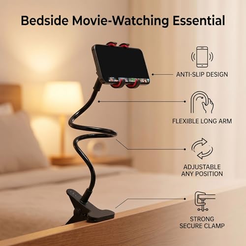 Gugxiom Gooseneck Bed Phone Holder, 26 inch Flexible Long Arm Phone Mount for Desk Bedside, Universal Clip Bracket Clamp Stand for Smartphones