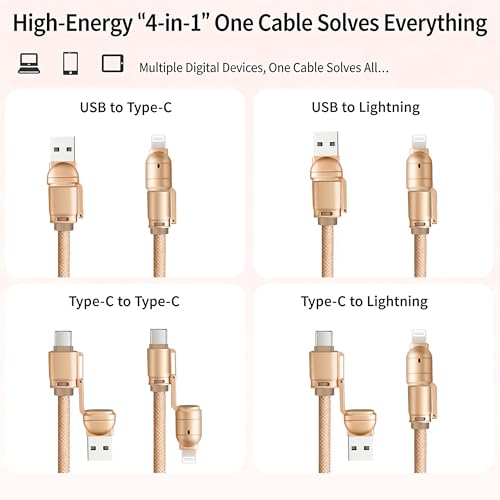 4-in-1 Charging Lanyard,1.5m/4.9ft Adjustable Crossbody Strap with 240W Fast Charging Data Sync for iPhone,Android - color: Gold