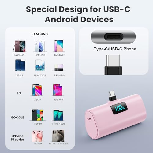 [2-Pack]Portable Charger for iPhone 16/15 Series,5200mAh PD USB C Power Bank Built-in USB-C Connector,Battery Pack Compatible with iPhone 16/16 Plus/16 Pro/16 Pro Max/15 Series,Android (Pink+Purple) - color: Pink+Purple