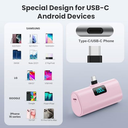 [2-Pack]Portable Charger for iPhone 16/15 Series,5200mAh PD USB C Power Bank Built-in USB-C Connector,Battery Pack Compatible with iPhone 16/16 Plus/16 Pro/16 Pro Max/15 Series,Android (Pink+Purple) - color: Pink+Purple