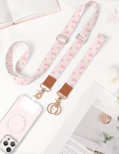 Phone Lanyard Crossbody Strap, Adjustable Neck Strap and Wristlet Strap for Phone Wallet ID Badge with 2 Phone Tabs - color: Bow Flower