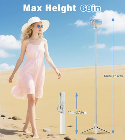 TONEOF 68" Magnetic Aluminum Phone Tripod Selfie Stick for iPhone & Android - color: Beige Gray