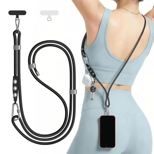 Phone Strap Crossbody Phone Lanyard with 2 Phone Tabs,Adjustable Anti Theft Phone Strap for iPhone Around with Hanging Loops ,Skin-Friendly,Universal Cell Phone Neck lanyard for Outdoor(BlackSV) - color: Black Silver
