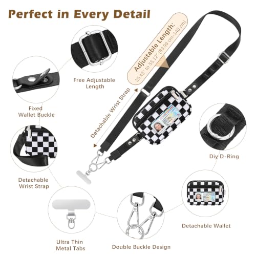 MoKo Adjustable Phone Crossbody Lanyard with Detachable RFID Wallet - color: Black & White Grid