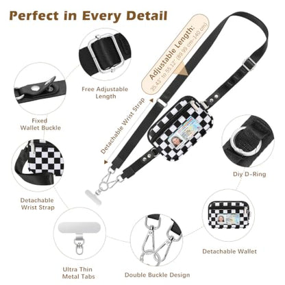 MoKo Adjustable Phone Crossbody Lanyard with Detachable RFID Wallet - color: Black & White Grid