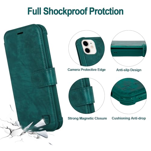 VANAVAGY Wallet Case for iPhone 11 6.1 inch, Midnight Green | 12ft Drop-proof Cover for Women Men, Silm PU Leather, RFID Blocking Card Holder, Wrist Strap, Screen Protector - color: Midnight Green