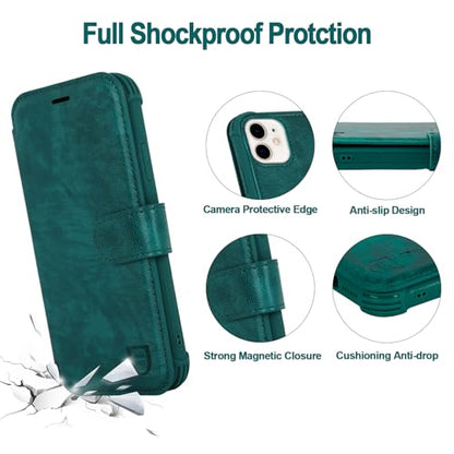 VANAVAGY Wallet Case for iPhone 11 6.1 inch, Midnight Green | 12ft Drop-proof Cover for Women Men, Silm PU Leather, RFID Blocking Card Holder, Wrist Strap, Screen Protector - color: Midnight Green