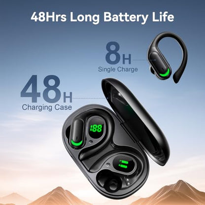 Wireless Earbuds 96H Bluetooth 5.4 Sport Headphones with Earhooks, Black