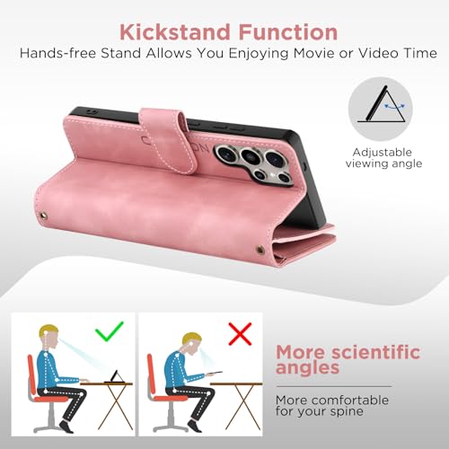 for Samsung Galaxy S24-Ultra-Wallet Case: with RFID Blocking Card Slots (6 Cards) | Soft PU Leather Magnetic Snap Zipper Pocket | Crossbody Wrist Strap Protective Phone Cover - Pink - color: Pink, size: Galaxy S24 Ultra（6.8‘’）