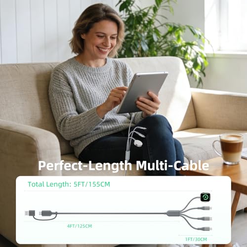 A-Pce 4-in-2 Multi Charging Cable with Smartwatch Charging, Grey-5FT - color: Grey, size: 5FT