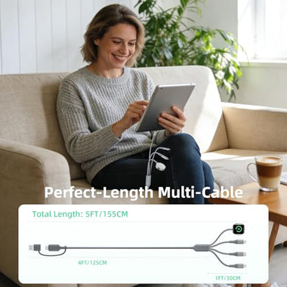 A-Pce 4-in-2 Multi Charging Cable with Smartwatch Charging, Grey-5FT - color: Grey, size: 5FT