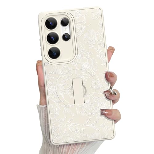 MZELQ for Samsung Galaxy S25 Ultra Case Rose Floral Flower Pattern -White | Silicone Cute Support for MagSafe, Kickstand Wristband Camera Protection Soft Slim Phone Case for Girls Women - color: White-Rose, size: Samsung Galaxy S25 Ultra