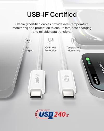 Belkin USB C to USB C 240W Cable 2 Pack, 6.6ft Fast iPhone Charger Cord - color: White, style: 6.6 ft - 2 pack