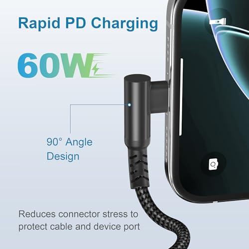 Basesailor USB C to USB C 60W Cable 6.6FT with USB A Adapter Right Angle - color: Black, size: 6.6FT/2M