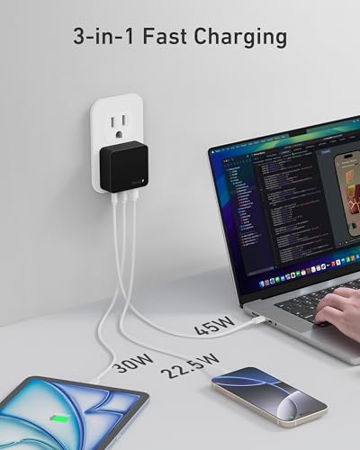 Nekmit 100W Flat USB C Charger Block, 3-Port GaN Fast Wall Charger(2*USB-C & 1*USB-A), USB C Wall Plug with Fixed Prongs for iPhone 17/16, MacBook Pro/Air, iPad, Galaxy and More - color: Black