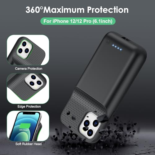 Battery Case for iPhone 12/12 Pro,[2025 Upgraded] 10800mAh Ultra-Slim Portable Extended Charger Case Cover for iPhone 12/12 Pro Charging Case (6.1 Inch)-Black - color: Black