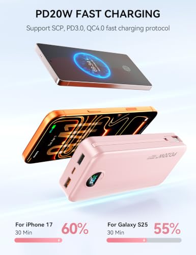 Nusyddy Portable Charger 20000mAh Fast Charging w/Built-in Wall Plug Pink - color: Magenta