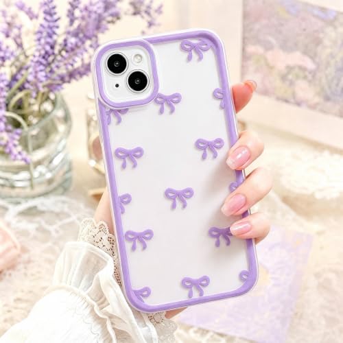 Compatible with iPhone 13 Case, Clear Purple Cute Ribbon Bowknot Pattern, Transparent Phone Case Raised Camera Protection Stylish Slim Soft TPU Protective Cover for Women - color: A3-Purple, size: iPhone 13