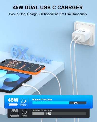 iPhone 17 16 Charger Fast Charging, 45W Dual USB C Charger Block and Cable