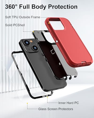 Compatible with iPhone 13& iPhone 14 Case [2 Screen Protectors ] Military Grade Full Body Cover, Heavy Duty Shockproof Drop Proof Protection Case 6.1"(red Black) - color: red black