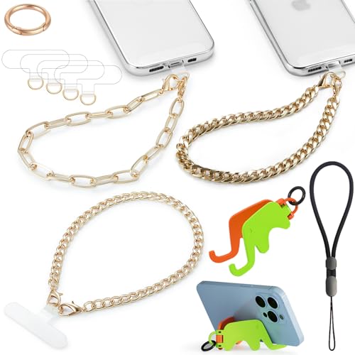 3 pcs Phone Charm with Gold Metal Chain Detachable Lanyard Hand Wrist Smartphone Strap Finger Grip Strap with 4 Patches Tether CellPhone Stand Holder Universal for iPhone 17 16 Pro Max Charms - color: Sets Gold