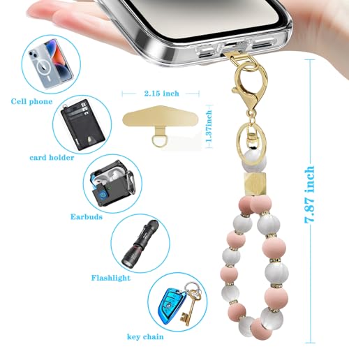 Silicone Beaded Phone Wrist Strap, Phone Bracelet Strap with Tether Tab Elastic Hands Free Wristlet Strap - color: Pink White