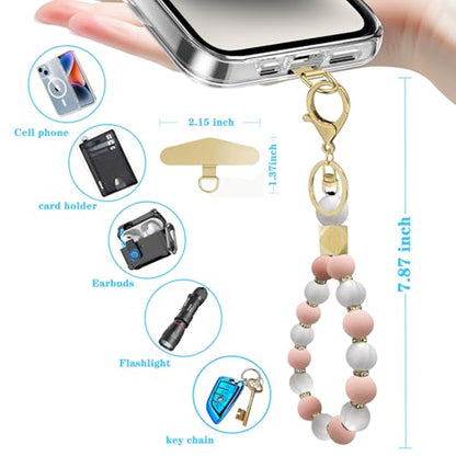 Silicone Beaded Phone Wrist Strap, Phone Bracelet Strap with Tether Tab Elastic Hands Free Wristlet Strap - color: Pink White