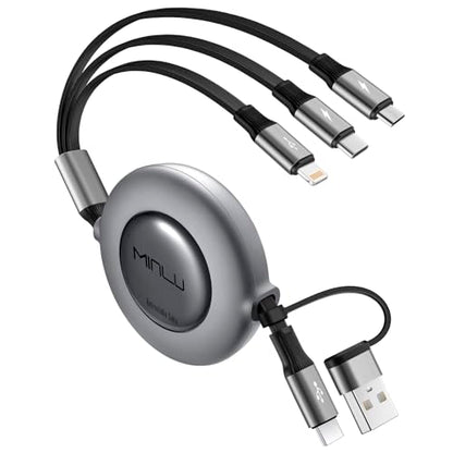 Minlu 3 in 2 Multi Charging Cable, 4Ft Retractable Chargers for All Devices,Multiple USBC Charger Cable Adapter with USB A/C to Lightning/USB C/Micro USB Port for iPhone 17/16/15/14/Samsung/PS