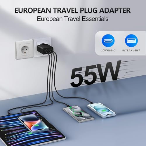 European USB C Charger, 55W 4-Port European Travel Plug Adapter USB C - color: 55W Black