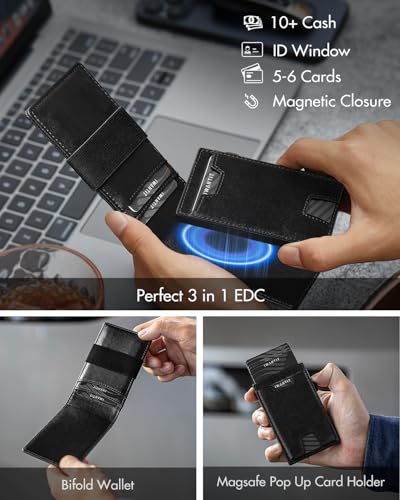 iwantit 3 in 1 Magsafe Wallet Men: Bifold Wallet + Magnetic Wallet for iPhone - Detachable Cash Strap, Smart Pop Up Card Holder, ID Window, Premium Leather (Black) - color: Black