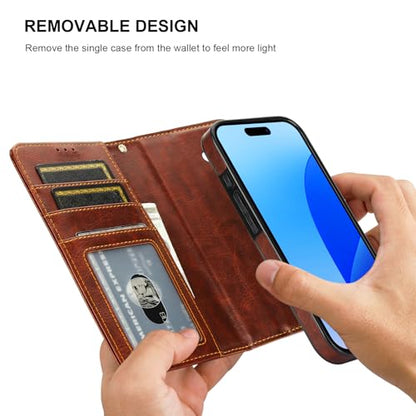 Bocasal Detachable Wallet Case Card Holder for iPhone 16 Pro, Brown | RFID Blocking Kickstand Card Slots Holder PU Leather Magnetic Shockproof Wrist Strap Removable Flip Protective Cover 6.3 inch - color: Brown