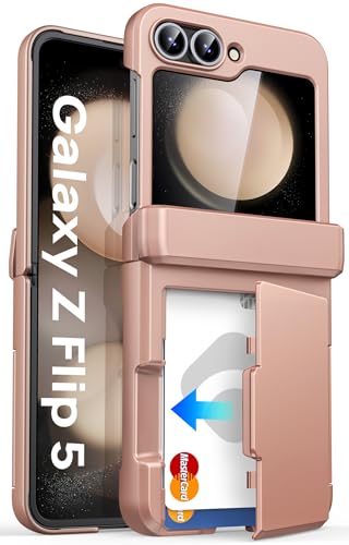 ASAFCASE for Samsung Galaxy Z Flip 5 Case with Card Holder, Rose Gold | Hinge Protection, Outer Screen Protector, Shockproof Rugged Hard Cover Phone Wallet Case for Samsung Galaxy Z Flip 5 2023 - color: Rose Gold, size: Galaxy Z Flip 5