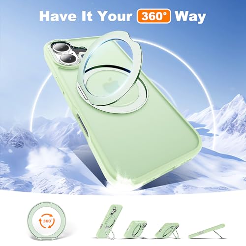 for iPhone 16 Case with 360° Spin Magnetic Stand,Green | iPhone 16 Phone Case 6.1",Spin Magnetic Ring Stand,Compatible with MagSafe,Military Protection,Translucent Matte - color: Green, size: iPhone 16