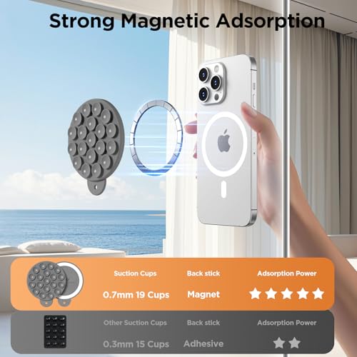 Magnetic Suction Cup Phone Mount with MagSafe, Silicone Hands-Free Grip Holder for iPhone Case and Android, Mirror Shower Phone Stand for Makeup FaceTime Gym Kitchen Bathroom, Gray - color: Gray