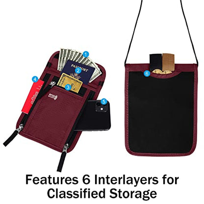 Travel Pouch Neck Wallet Family Passport Holder Organizer Case with RFID Blocking - color: Wine Red