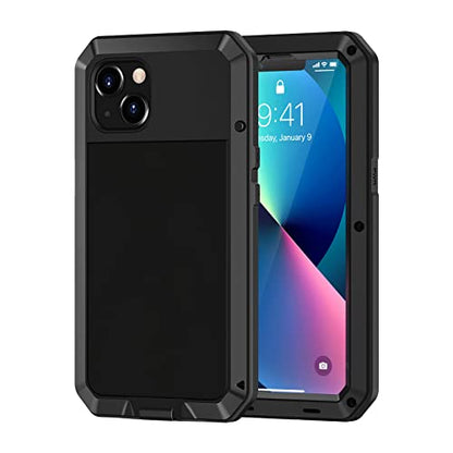 Lanhiem for iPhone 13 Metal Case, Heavy Duty Shockproof Tough Rugged Case with Built-in Glass Screen Protector, 360 Full Body Protective Cover for iPhone 13 6.1 inch, Black - color: Black