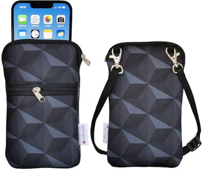Tainada Small Crossbody Zipper Phone Neck Pouch (Black Geometric) mini Neoprene Dual Zip Wallet Purse Bag; Water-Resistant, Shockproof, Lightweight; Adjustable & Detachable Strap - color: Black Geometric Pattern