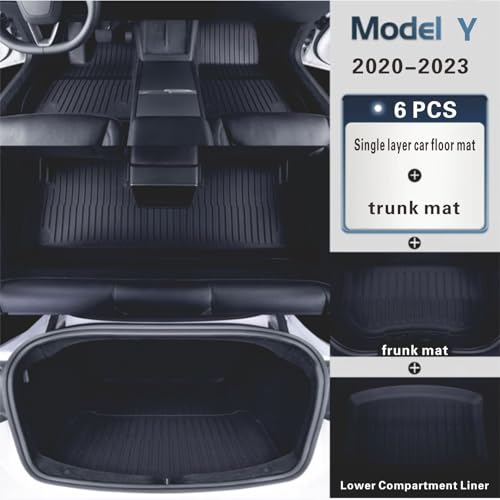 Floor Mats and Cargo Liners for 2020-2024 Tesla Model Y 5-Seat, 6 PCS Model Y Accseeories Entire Set with Dual-Layer Trunk Liner & Frunk Mat, Precision Custom All-Weather TPE Waterproof - style: Model Y 2020-2024 6PCS