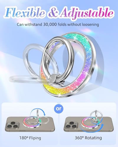 Phone Ring Holder Compatible with MagSafe - Magnetic Cell Phone Grip for Women Cute Magnet Removable Finger Ring Grip Stand Glitter Sparkle for iPhone 17 16 15 14 13 Pro Max Plus, Rainbow - color: Colorful