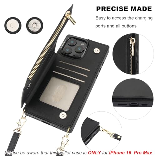 Bocasal Crossbody Wallet Case with Strap for iPhone 16 Pro Max, Black | RFID Blocking Card Slot Holder, Magnetic Flip Folio Purse Case, PU Leather Zipper Handbag Detachable Lanyard Strap 6.9 Inch - color: Black